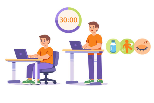 Standing desk and active workplace wellness concept illustrating a person