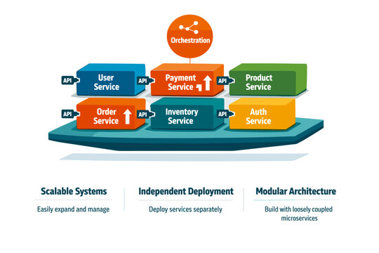 Modular architecture and microservices design concept showing a floating