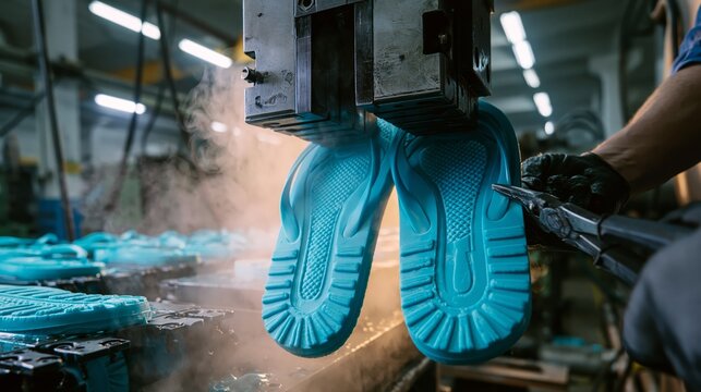 A foam EVA flip flop sandal injection molding manufacturing process.