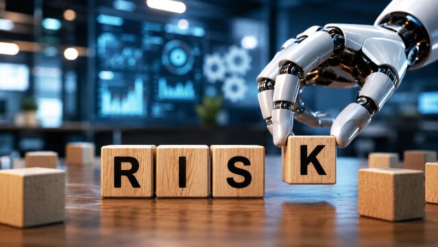 A robotic hand manipulates wooden blocks spelling "RISK" symbolizing technology's role in risk assessment and management.
