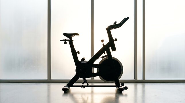 Sleek Spin Bike Silhouette Against Bright Window with High-Key Studio Light