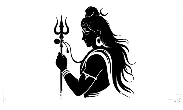 Elegant black silhouette of Lord Shiva standing with trishul and flowing long hair, perfect for Hindu religious art, Shivratri festival banners, posters, and tattoo designs
