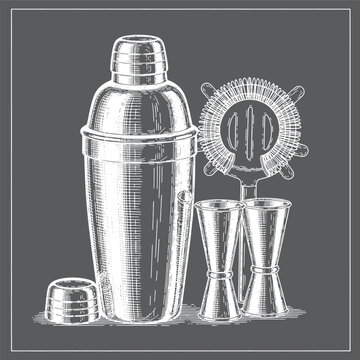 Cocktail shaker, jiggers, and strainer bar tools