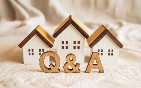 Creative wooden house blocks arranged with question and answer letters for real estate inquiries