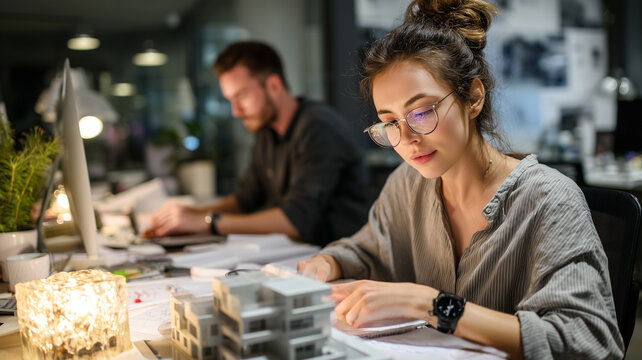 Creative young architect works on house model in modern design studio