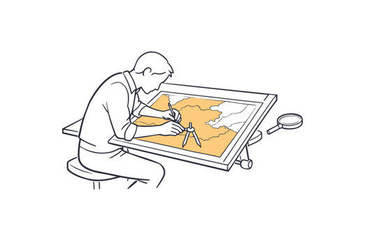 Single described-scene illustration of a cartographer drawing a hand map: