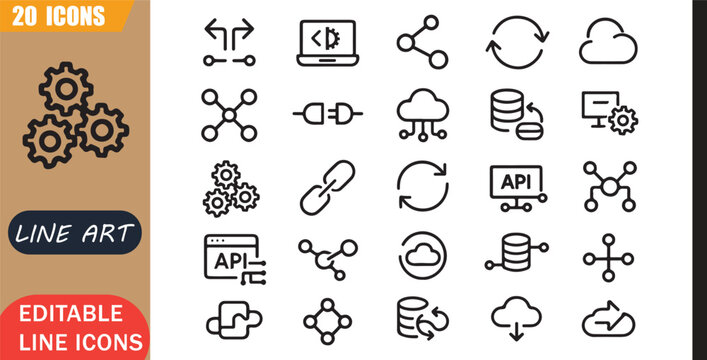 Isolated integration api icons set, 20 editable line art icons set, connect sync data system service link platform cloud, api integration sync tools, minimal clean outline vector