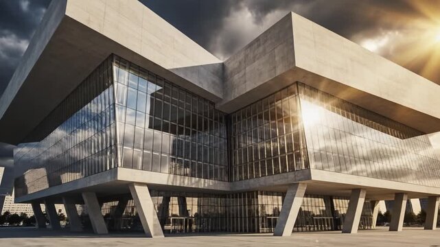 Modern glass office building with angular concrete facade, dramatic sky, reflective facade, urban architecture, contemporary design, warm sunset light, sleek cityscape exterior