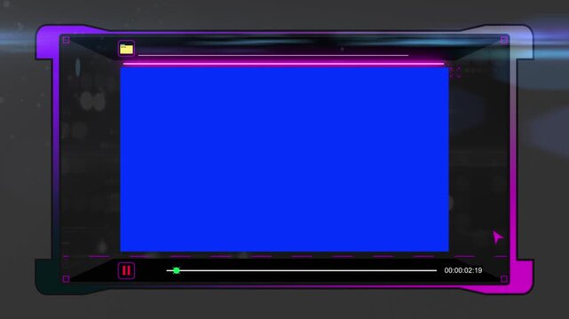 Modern digital scifi media player animation. Glowing user interface icons for control video screen source