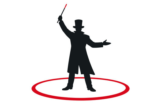 Circus ringmaster commanding attention and theatrical spectacle concept as