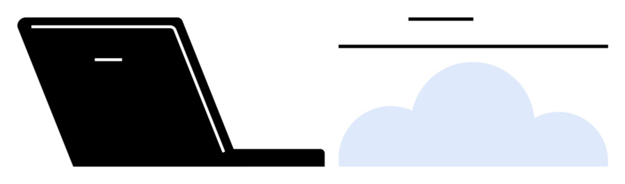 Cloud computing, data storage, remote access, online services, digital technology, IT infrastructure. Minimalist design of a laptop and cloud illustration. Cloud computing and data storage concept