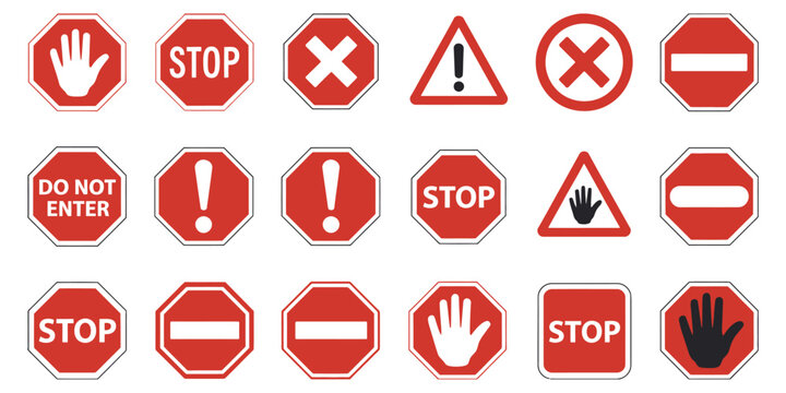 Traffic Regulation Icons Vector Set, Stop Signs, Prohibition Symbols, Warning Triangles, Hand Gestures, Do Not Enter Symbols Collection