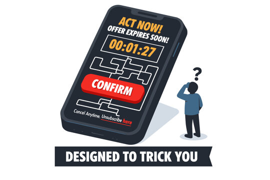 Dark pattern UX design and manipulative interface ethics concept showing a