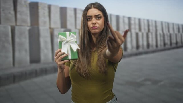 Young woman holds green gift and shows middle finger on street with a stern expression; defiance rejection.