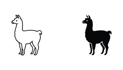 Charming llama animal standing side profile outline and solid icon set © Sarah