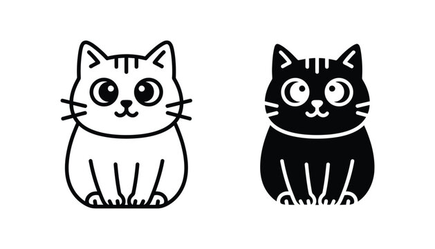 Adorable cartoon cat kitten character black outline and solid silhouette icon set for pet care and animal lover designs