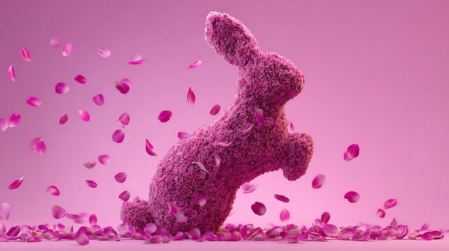 Pink easter bunny figurine covered in flowers surrounded by falling pink petals on a pink