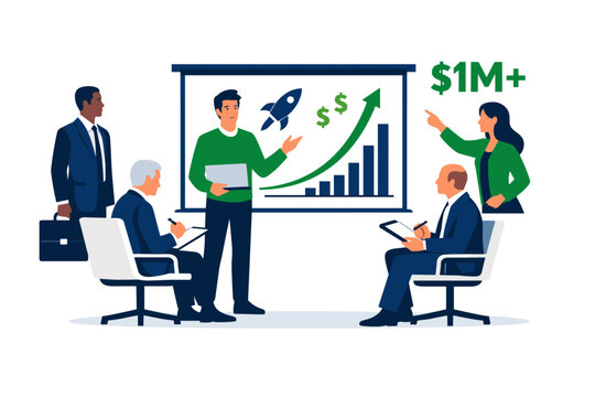 Wide horizontal editorial illustration of a startup funding and investor