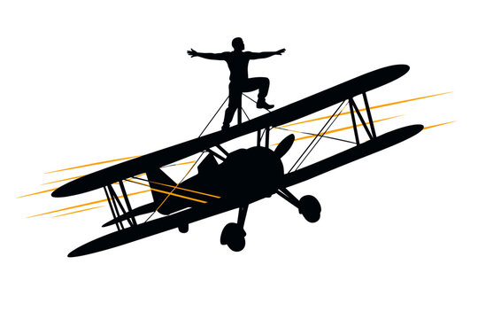 Wing walker performing on a biplane and trust in the open sky concept as a