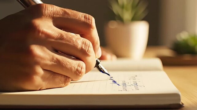 Person holding a fountain pen while writing carefully on the white lined pages of a notebook during a sunny afternoon