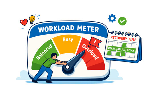 Burnout prevention and workload balance concept showing a bold floating