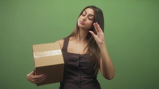 Woman holding cardboard box with one hand and hand raised in a dismissive flick gesture in studio; indifference delivery logistics.