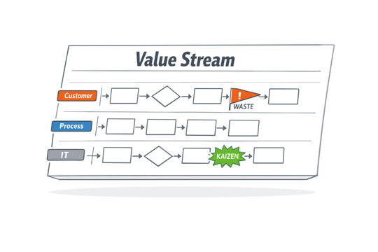 Lean process mapping and value stream analysis concept showing a floating