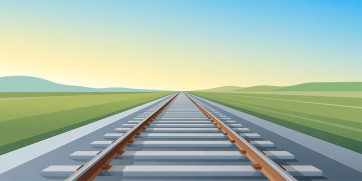 A high speed train travels along a long railway route through a scenic countryside landscape under a sunset sky with clouds over the horizon and green grass fields
