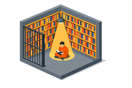 Single dramatic 3D-style isometric editorial illustration of a prison cell