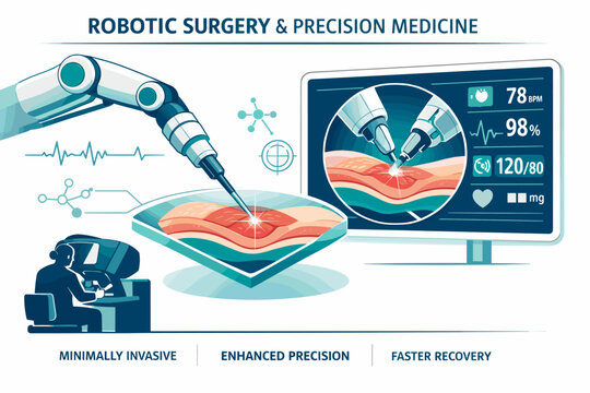 Robotic surgery and precision medicine concept depicting a robotic arm with
