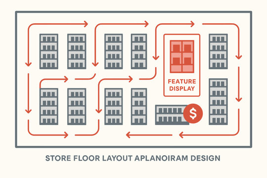 Retail store layout and planogram design concept featuring a top-down floor
