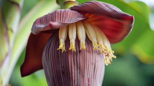 Closeup of a Banana Flower Bud with Yellow Stamens and Purple Bracts.
