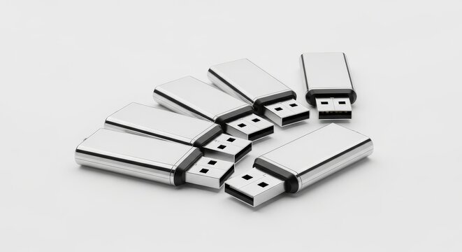 A group of shiny silver USB flash drives on a white background, technology and data storage concept