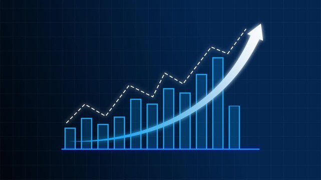Bar graph animation with dashed line. Bar graph blue upward trend on grid. Bar graph business statistics graphic on black background for performance tracking.