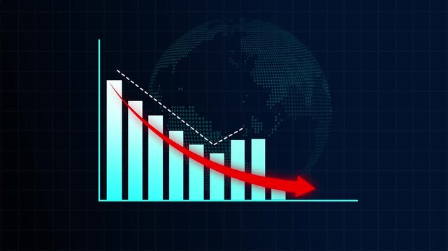 Bar graph animation with red arrow. Bar graph financial data and globe on grid. Bar graph global business analytics graphic on black background for trade.