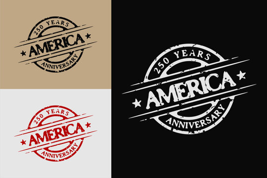 Illustration vector of 250 years America anniversary with vintage circle rounded rubber stamp design with distressed grunge rough textured good for USA independence day celebration design, isolated