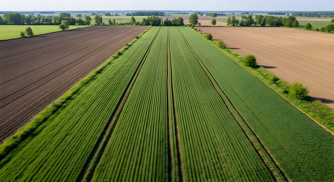Aerial view of farmland with plowed fields and crops growing in rows