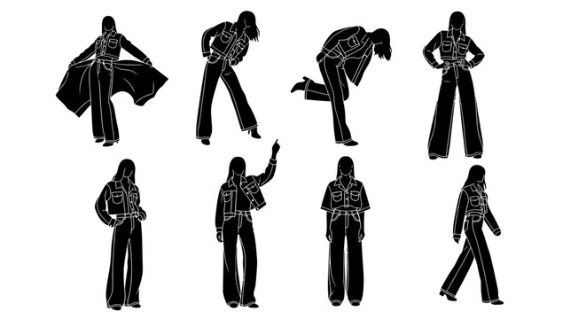 Set of woman silhouettes in denim outfits posing for fashion catalog