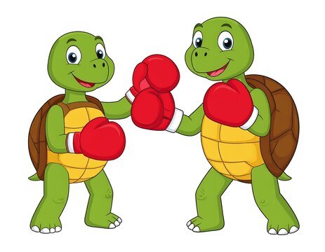 Cheerful Cartoon Turtles Wearing Red Boxing Gloves Sparring on White Background