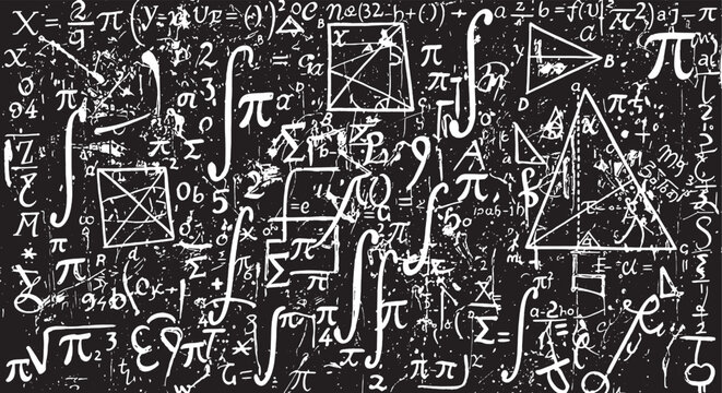 White mathematical formulas and symbols on black background