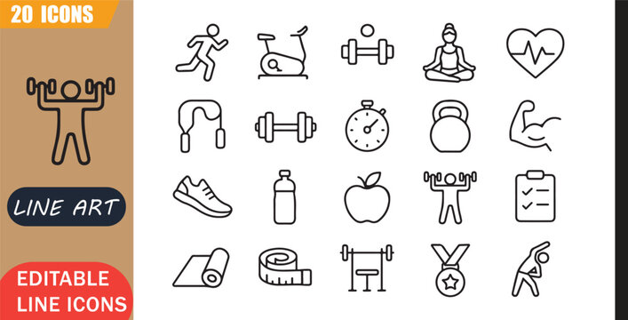 Isolated fitness sport icons set, 20 editable line art icons set, gym workout exercise training yoga run health activity, fitness health tools, minimal clean outline vector