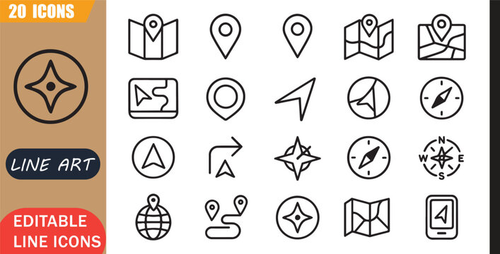 Isolated navigation gps icons set, 20 editable line art icons set, direction route location pin map compass explore guide, navigation map tools, minimal clean outline vector