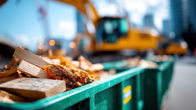 Green construction dumpster filled with wood scraps and rubble at urban worksite with excavator