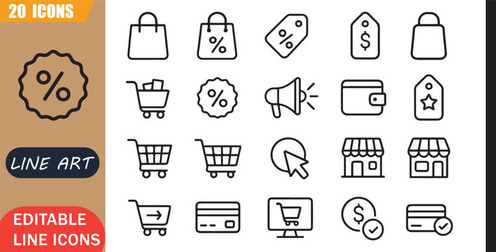 Isolated shopping retail icons set, 20 editable line art icons set, sale discount offer price cart buy store checkout payment, ecommerce shopping tools, minimal clean outline vector