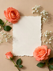 Naklejka premium Elegant corral pink roses and blank paper on beige background
