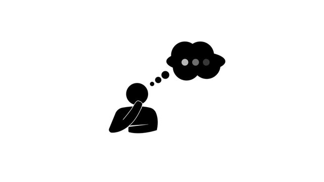 Thinking person animation with thought bubble. Thinking person digital silhouette symbol. Thinking person creative idea graphic on black background for brainstorming.