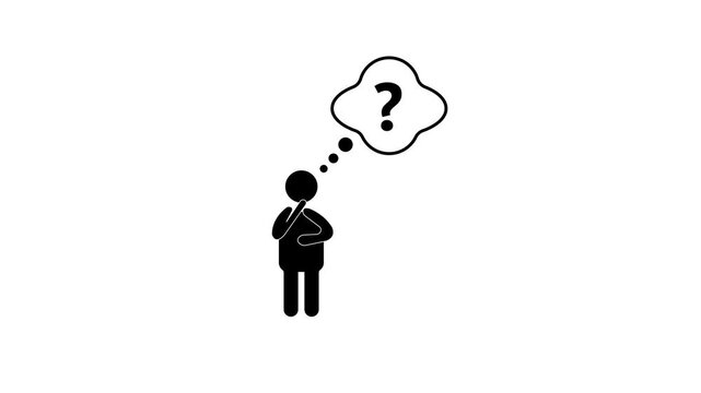 Thinking person animation with question mark. Thinking person digital silhouette symbol. Thinking person help and support graphic on black background for information.