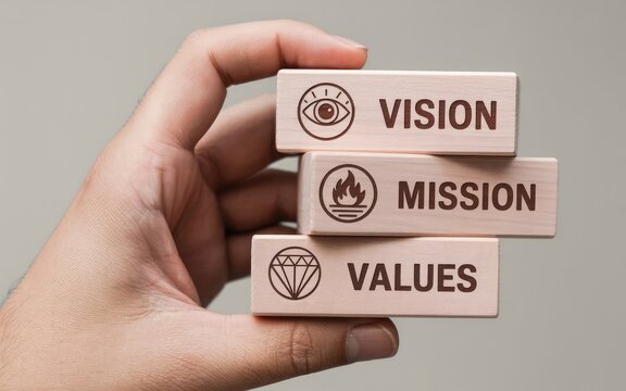 Hand holding wooden blocks illustrating vision mission and values concepts for business strategy and corporate planning