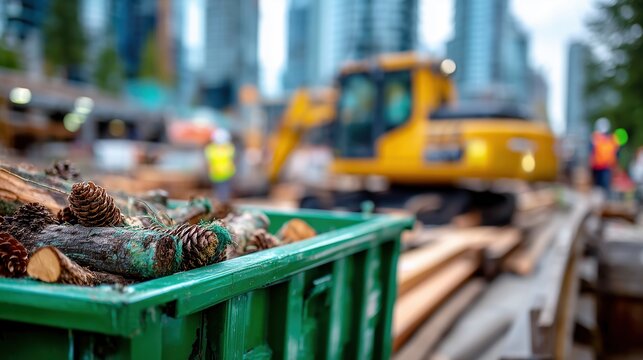 Green construction dumpster filled with wood scraps and rubble at urban worksite with excavator