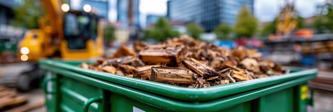 Green industrial dumpster filled with construction debris on sunny building site for waste management